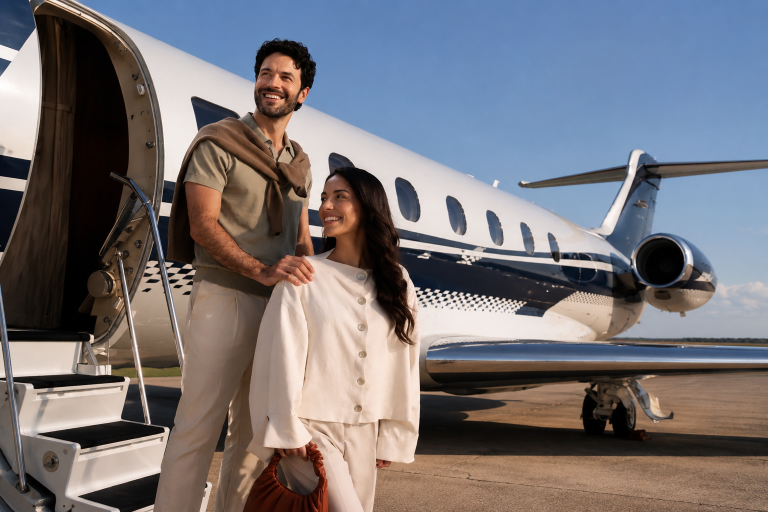 Casal embarcando em voo executivo da Oficial Fly